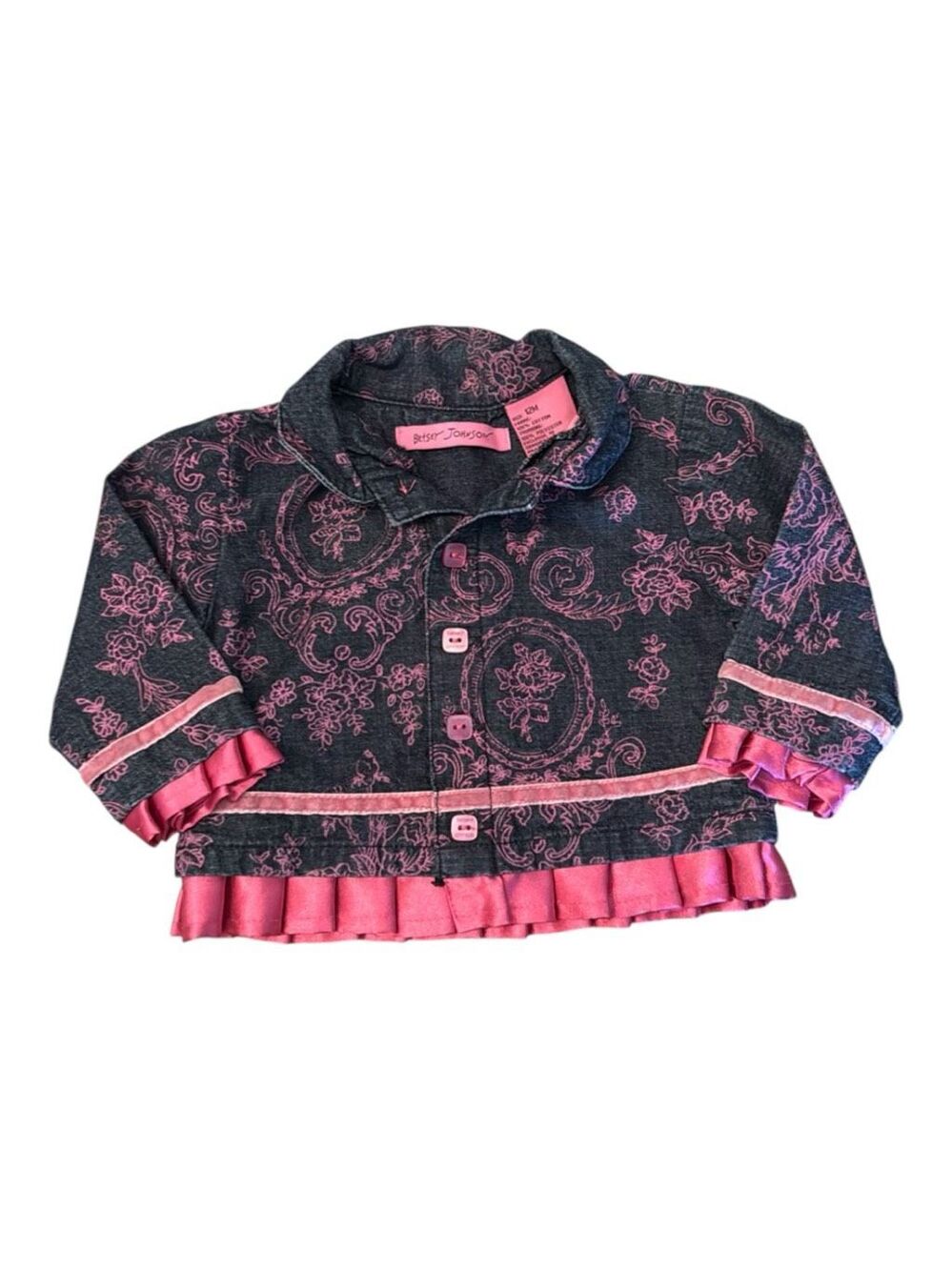 BETSEY JOHNSON Vintage Y2K Baby Girl Denim Jacket Pink Rose Print Ruffle Trim